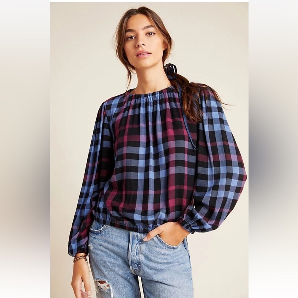 Cloth & Stone Anthropologie Glacier Plaid Blouse Oversized Cabincore Boho XL